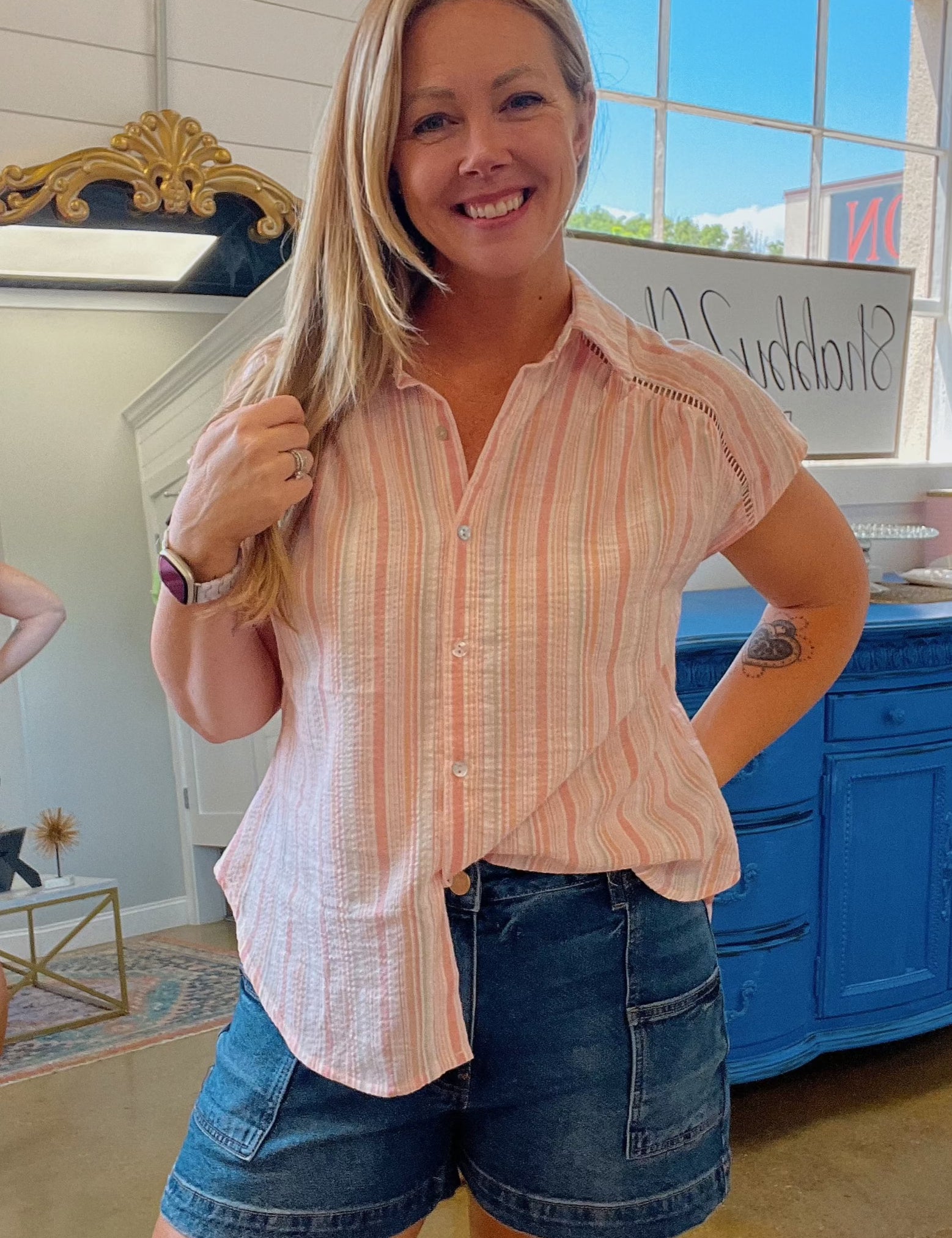 Daxton Striped Button Down Top in Peach