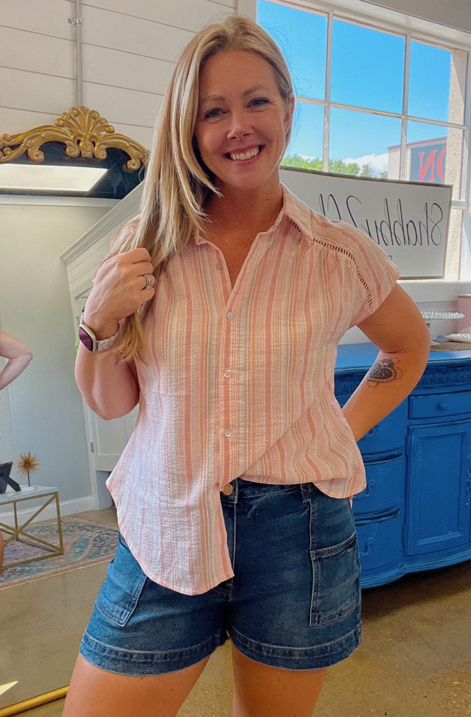 Daxton Striped Button Down Top in Peach