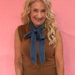 Denim Tie Neck Sleeveless Knit Top in Brown