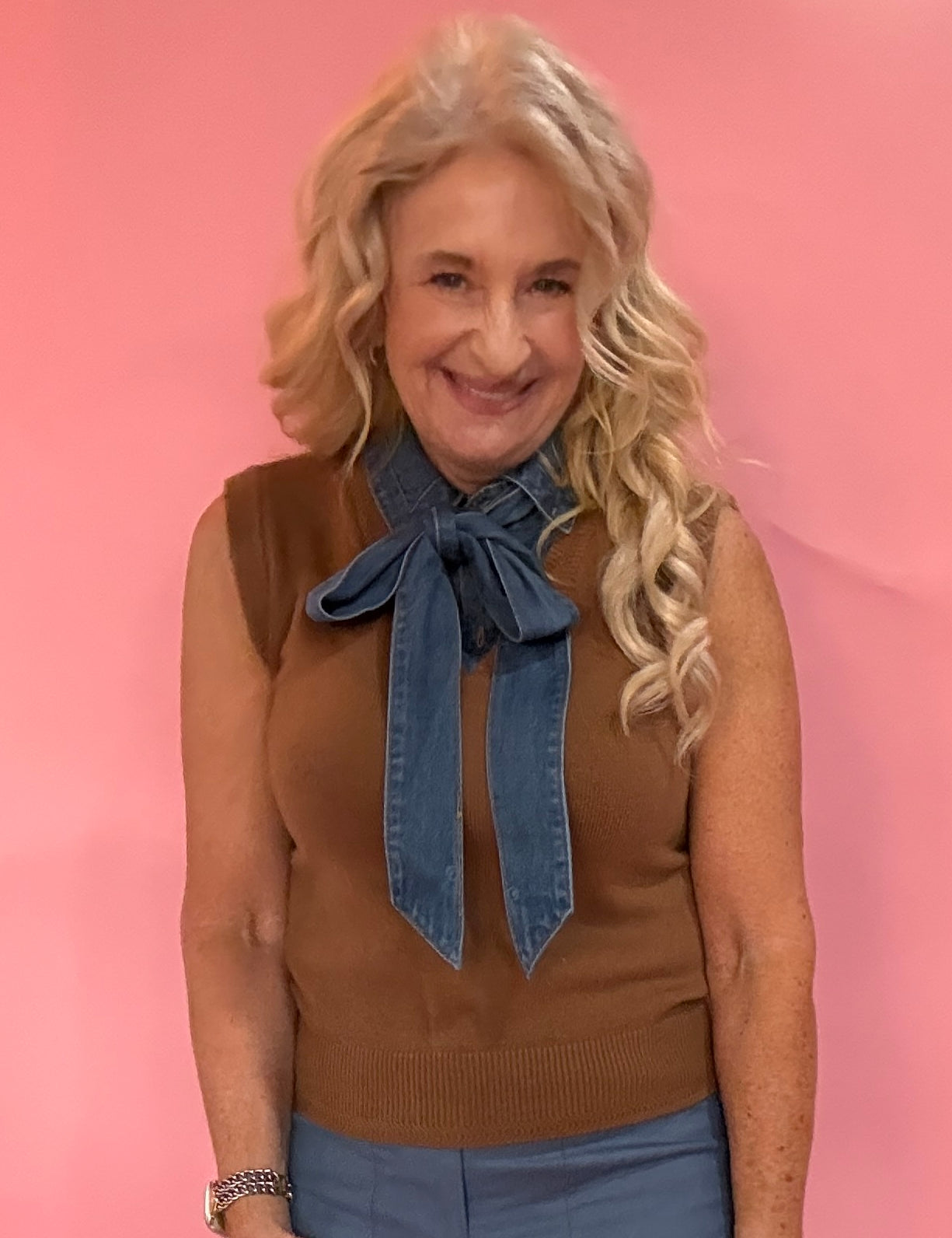 Denim Tie Neck Sleeveless Knit Top in Brown