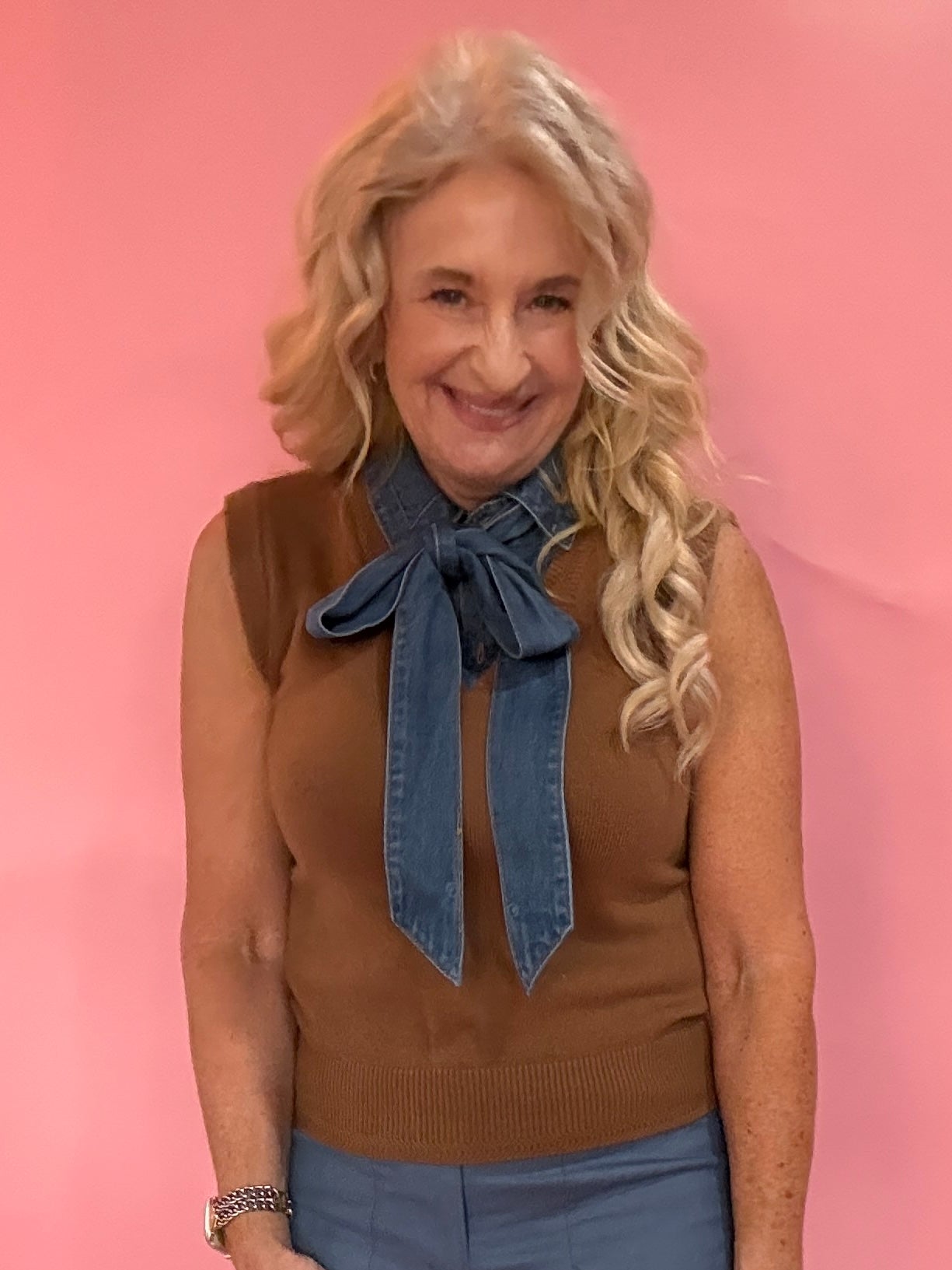 Denim Tie Neck Sleeveless Knit Top in Brown