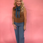 Denim Tie Neck Sleeveless Knit Top in Brown