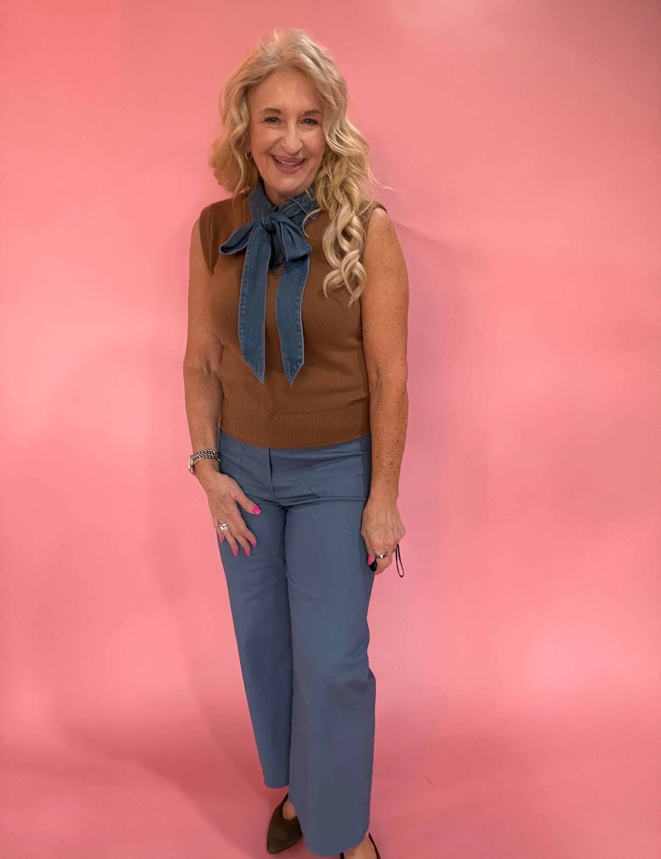 Denim Tie Neck Sleeveless Knit Top in Brown