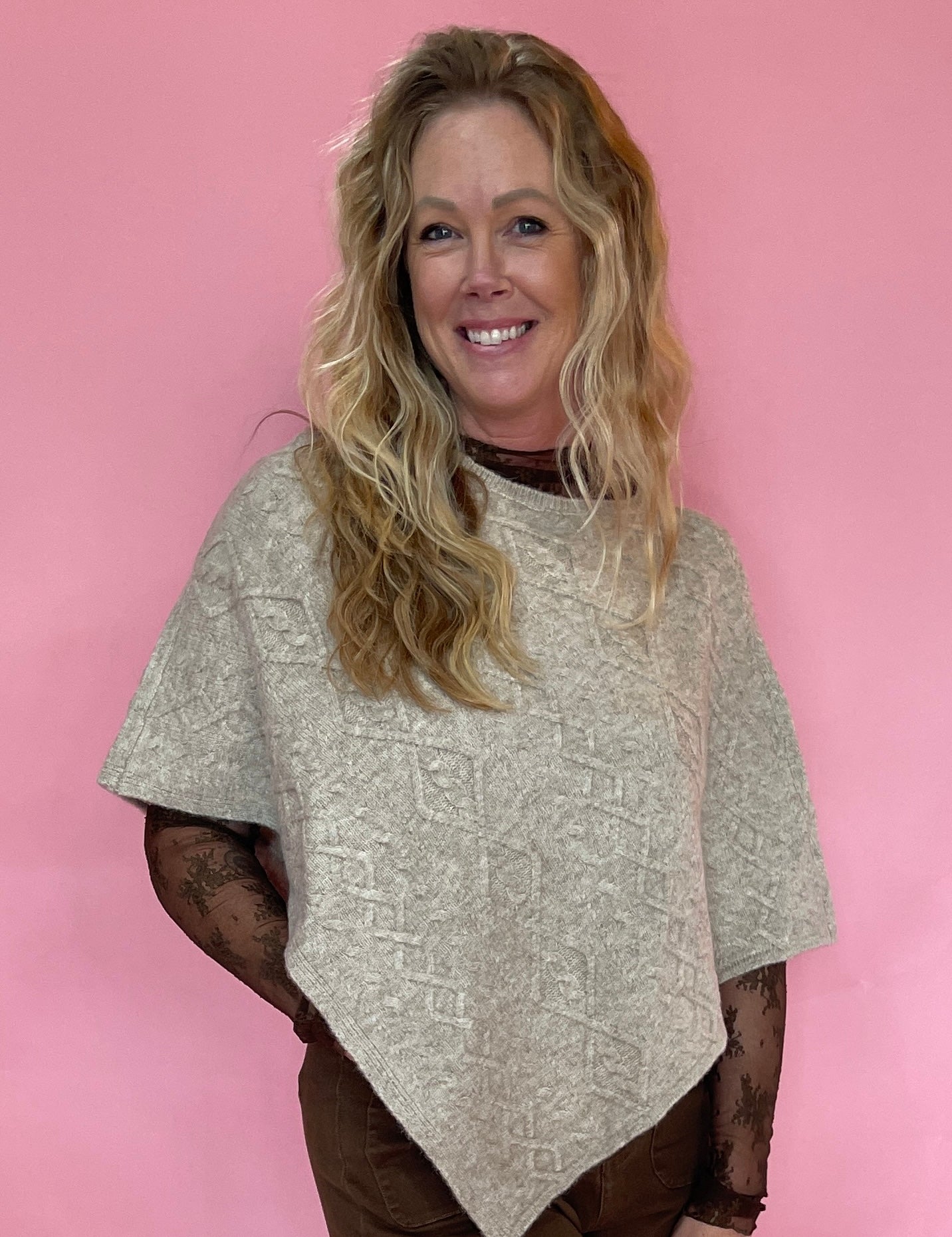 Diamond Cable Knit Poncho Sweater