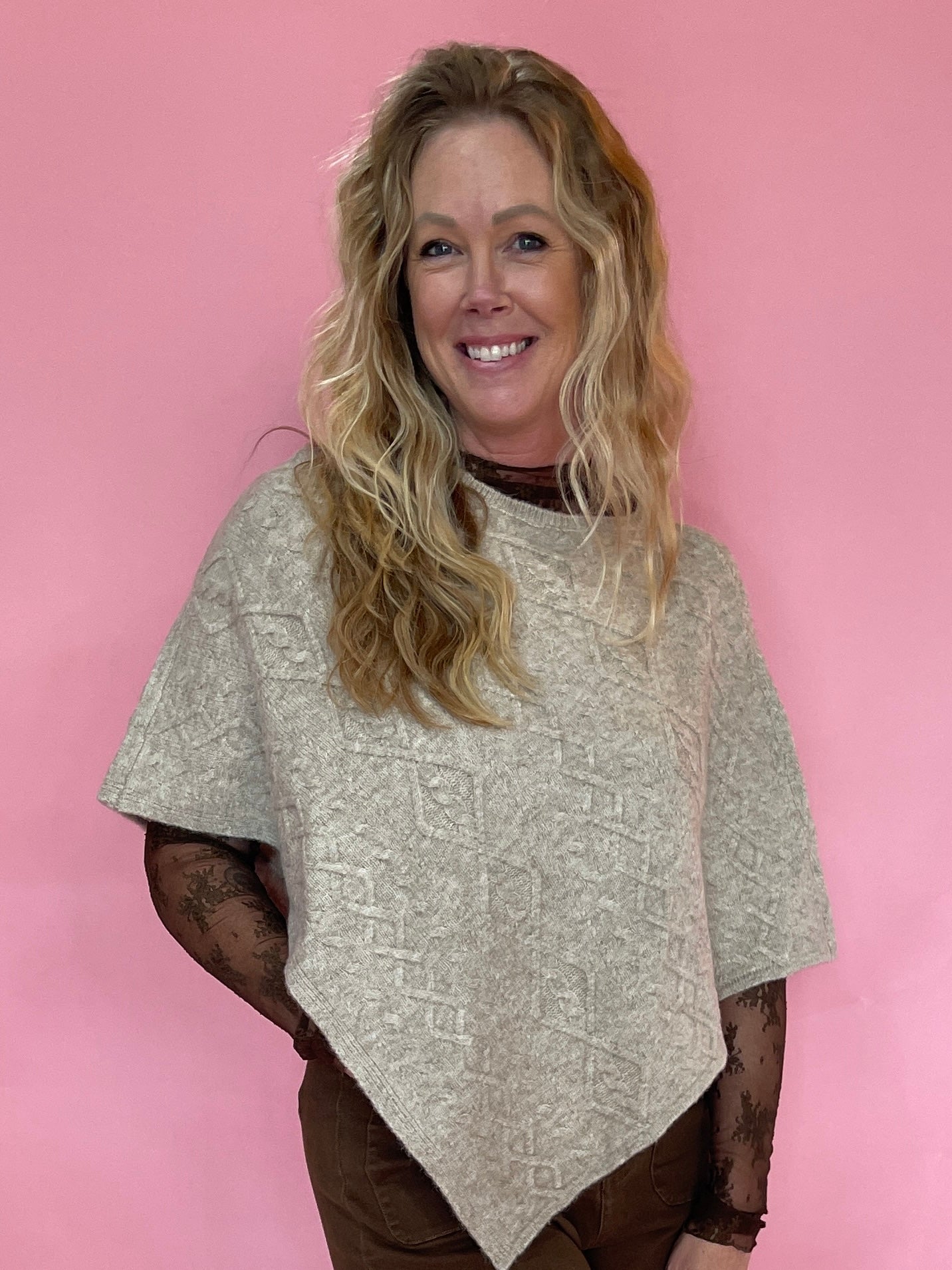 Diamond Cable Knit Poncho Sweater