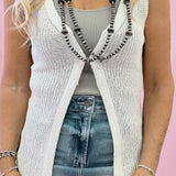 Dion V-Neck Knit Longline Vest in White