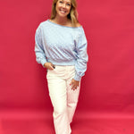 Dot Your Way Off-Shoulder Slouchy Sweatshirt in Light Blue - Shabby 2 Chic Boutiques