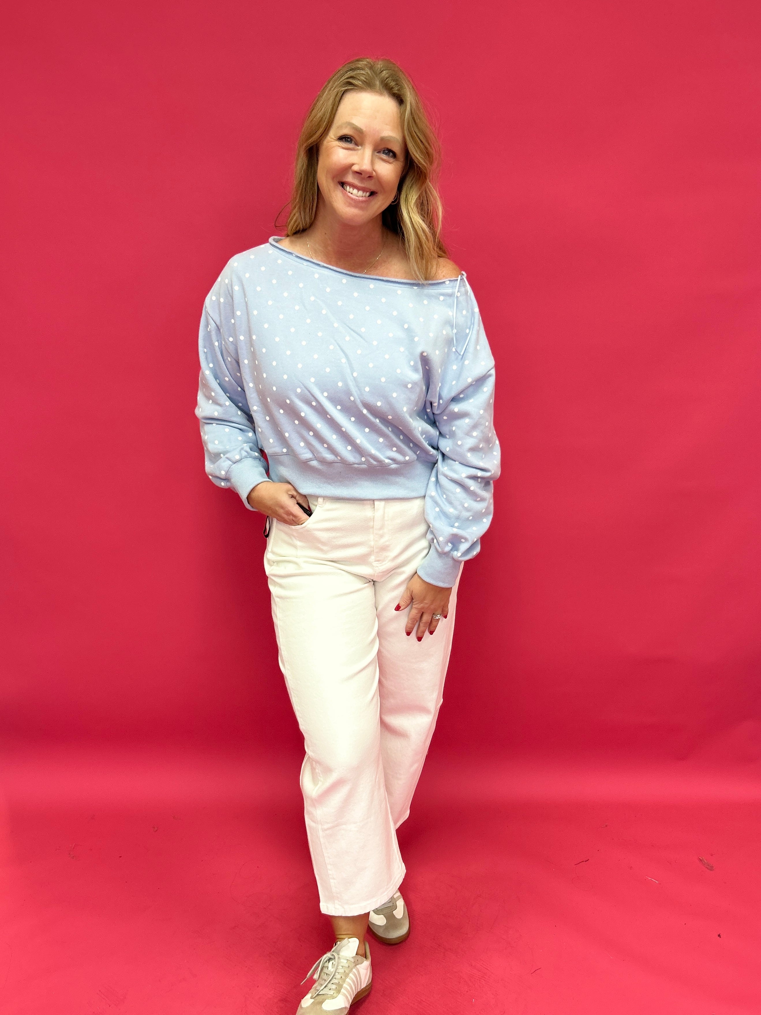 Dot Your Way Off-Shoulder Slouchy Sweatshirt in Light Blue - Shabby 2 Chic Boutiques