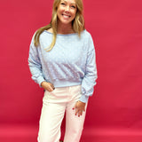 Dot Your Way Off-Shoulder Slouchy Sweatshirt in Light Blue - Shabby 2 Chic Boutiques