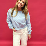 Dot Your Way Off-Shoulder Slouchy Sweatshirt in Light Blue - Shabby 2 Chic Boutiques