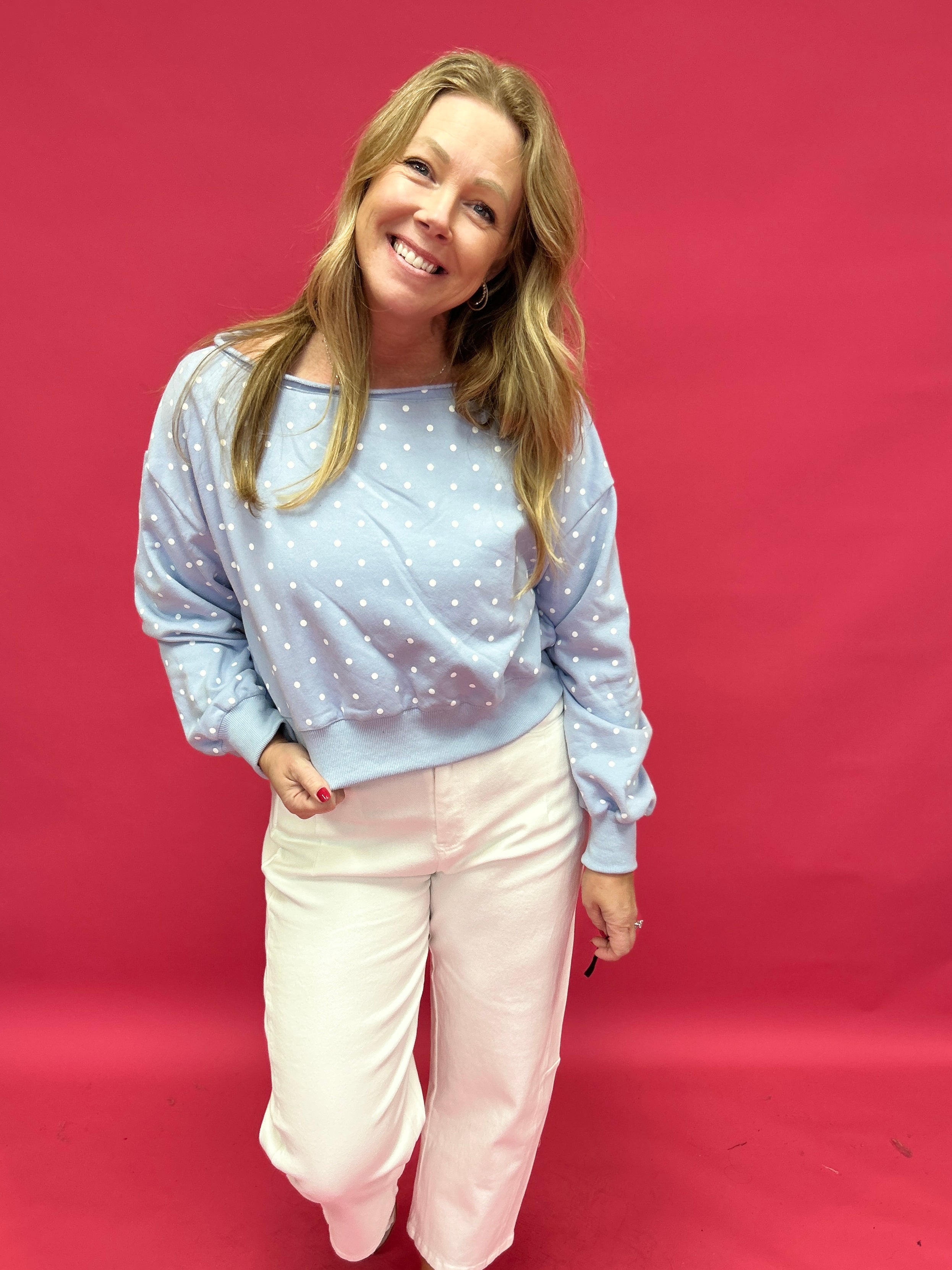 Dot Your Way Off-Shoulder Slouchy Sweatshirt in Light Blue - Shabby 2 Chic Boutiques
