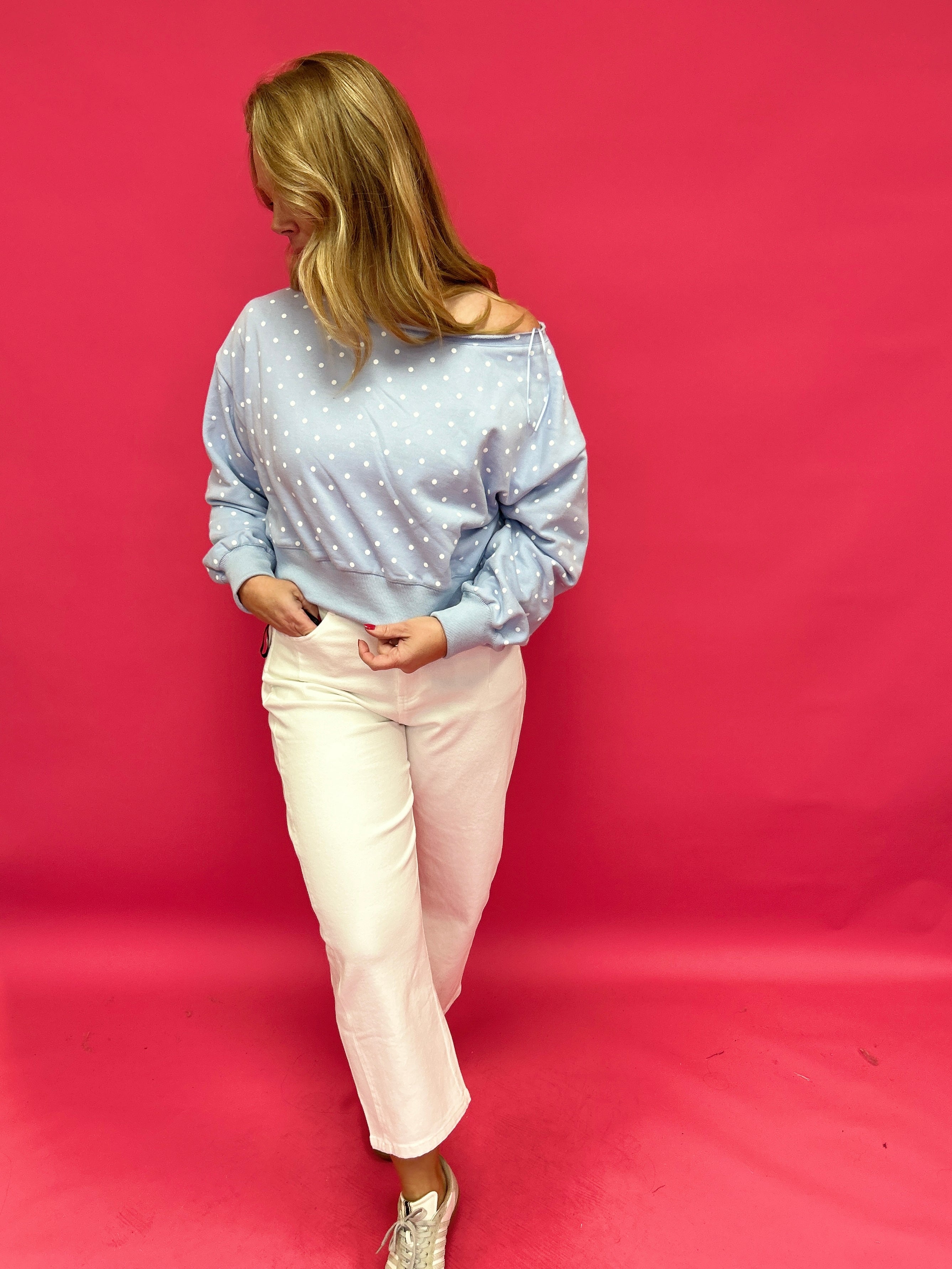 Dot Your Way Off-Shoulder Slouchy Sweatshirt in Light Blue - Shabby 2 Chic Boutiques