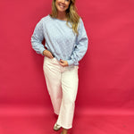Dot Your Way Off-Shoulder Slouchy Sweatshirt in Light Blue - Shabby 2 Chic Boutiques