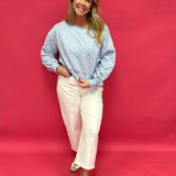 Dot Your Way Off-Shoulder Slouchy Sweatshirt in Light Blue - Shabby 2 Chic Boutiques