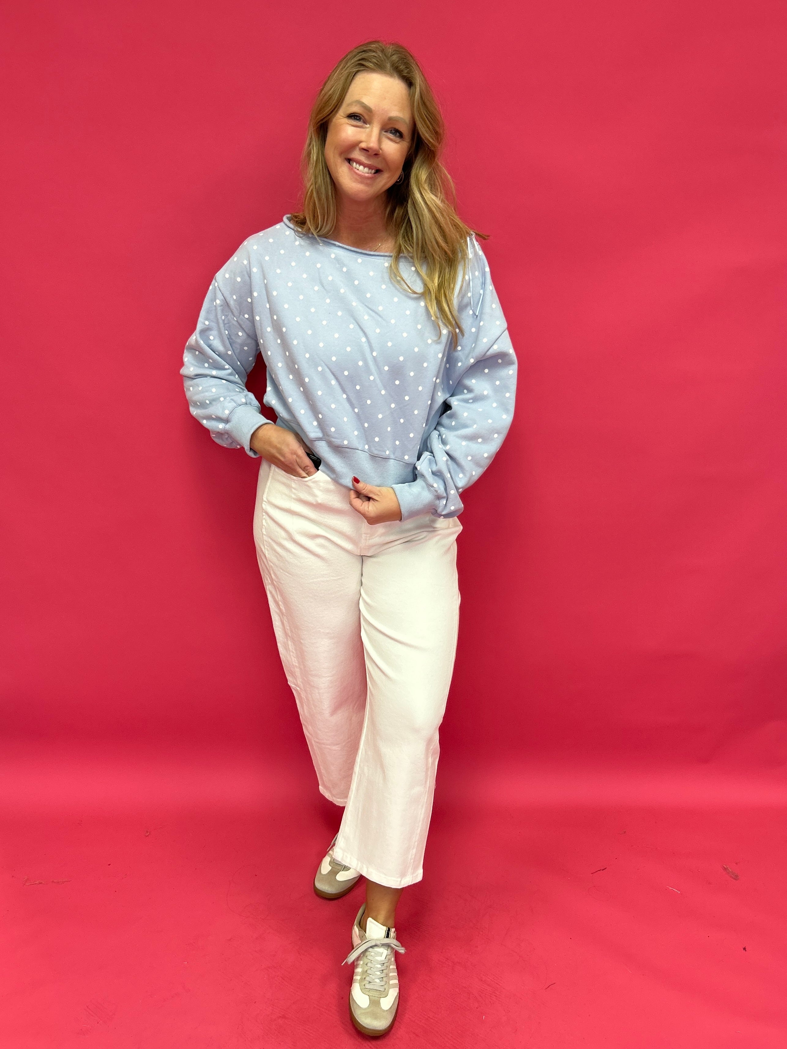 Dot Your Way Off-Shoulder Slouchy Sweatshirt in Light Blue - Shabby 2 Chic Boutiques