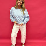 Dot Your Way Off-Shoulder Slouchy Sweatshirt in Light Blue - Shabby 2 Chic Boutiques
