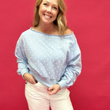 Dot Your Way Off-Shoulder Slouchy Sweatshirt in Light Blue - Shabby 2 Chic Boutiques