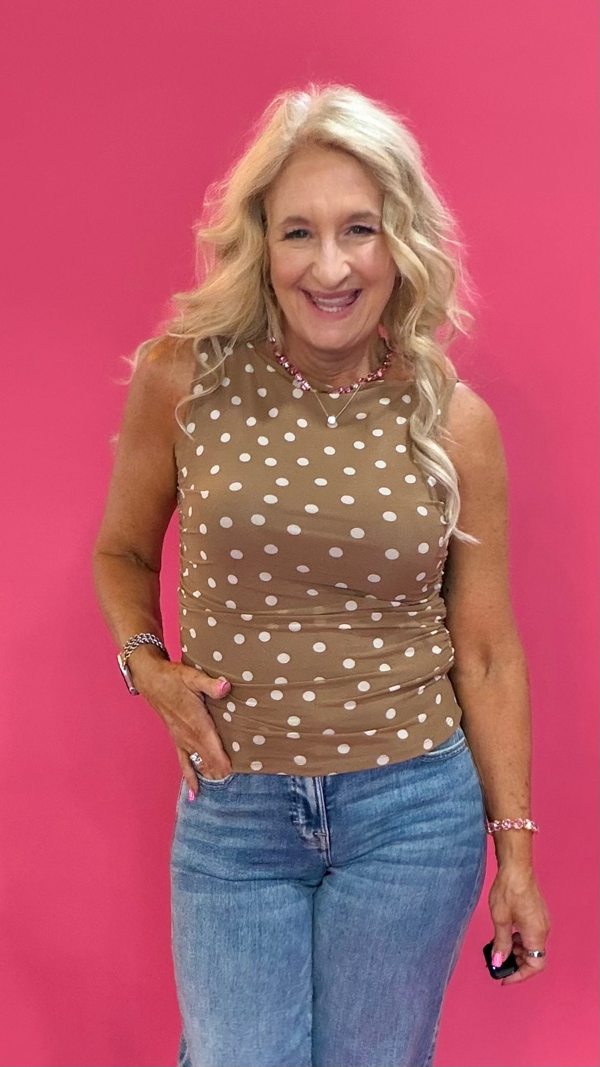 Dot's the Way Mesh Knit Boat Neck Top in Brown