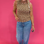 Dot's the Way Mesh Knit Boat Neck Top in Brown