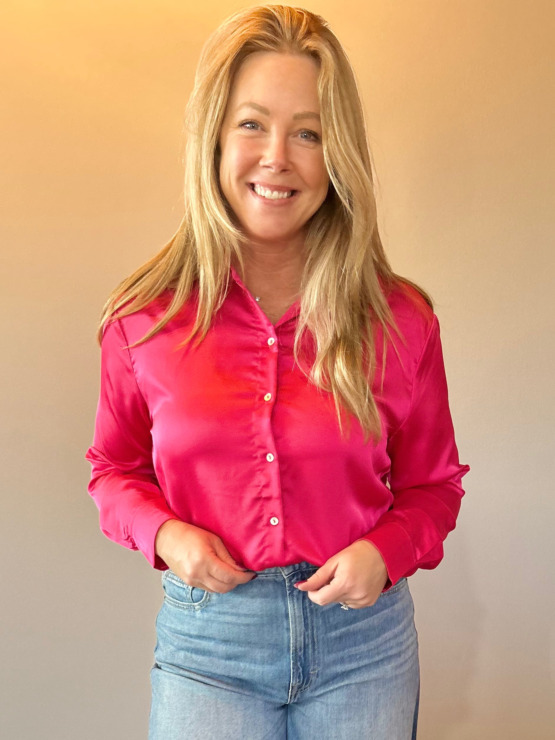 Dress to Impress Satin Button Down Top in Pink