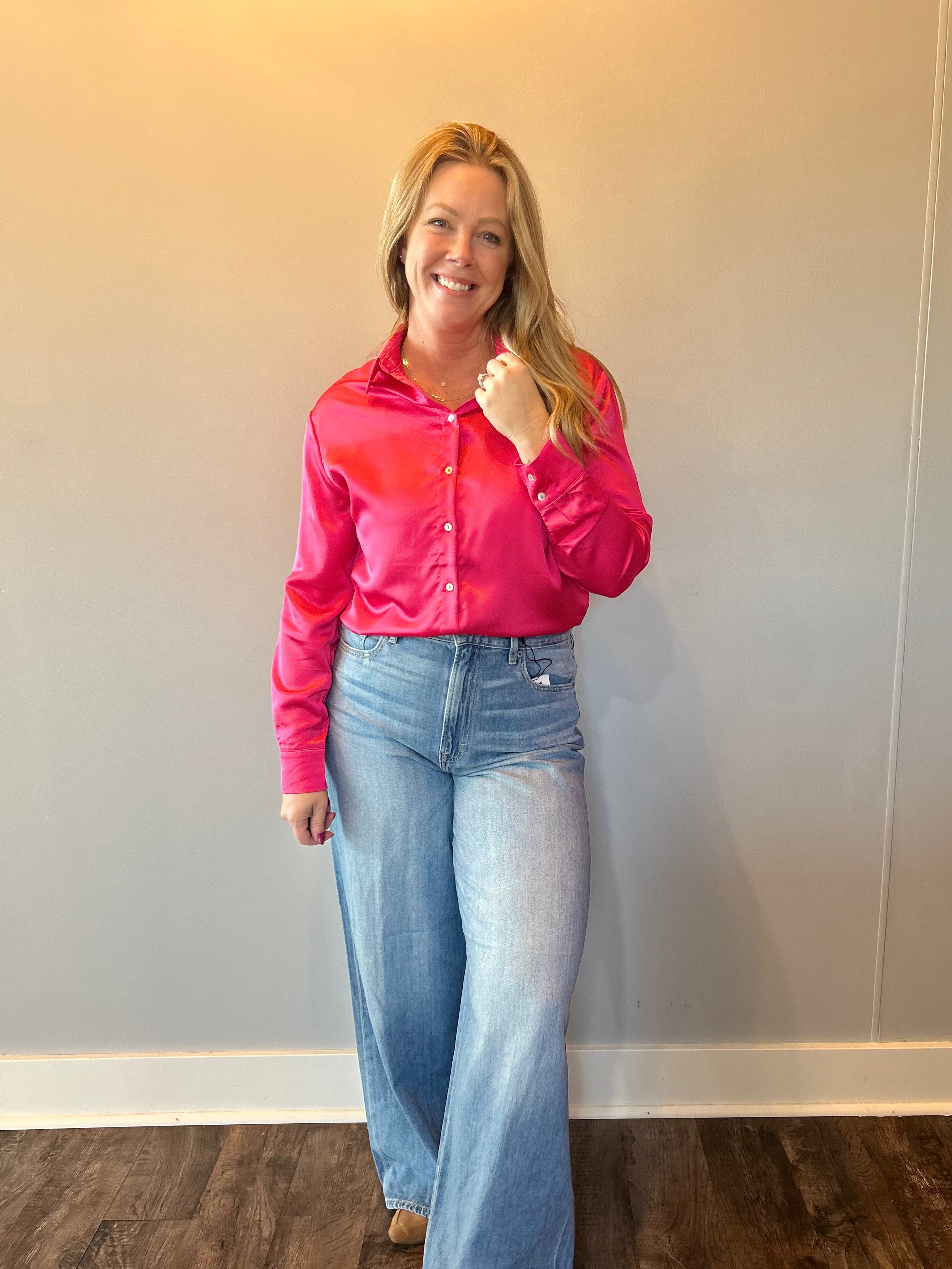 Dress to Impress Satin Button Down Top in Pink