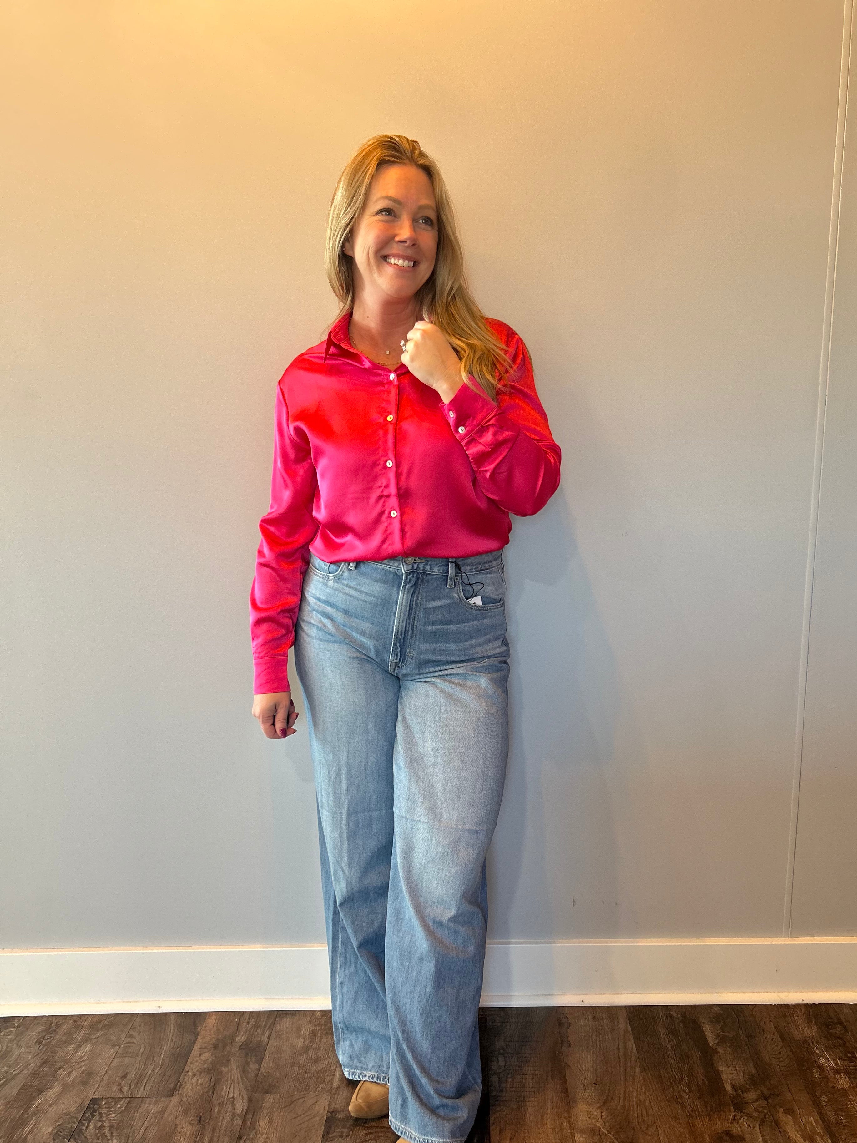 Dress to Impress Satin Button Down Top in Pink