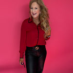 Dress to Impress Satin Button Down with a Blanket Stitch Detail in Red