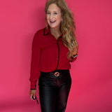 Dress to Impress Satin Button Down with a Blanket Stitch Detail in Red