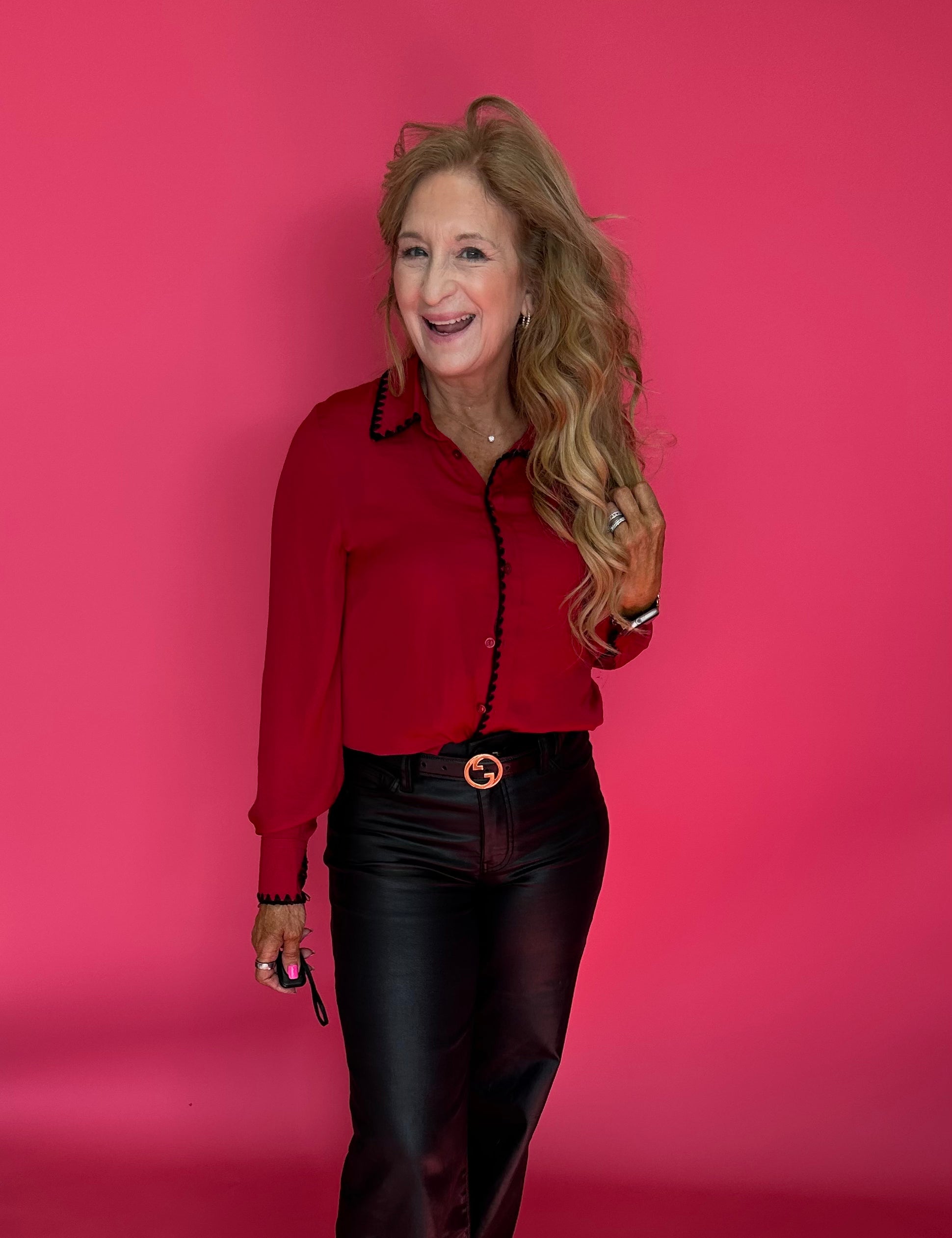 Dress to Impress Satin Button Down with a Blanket Stitch Detail in Red