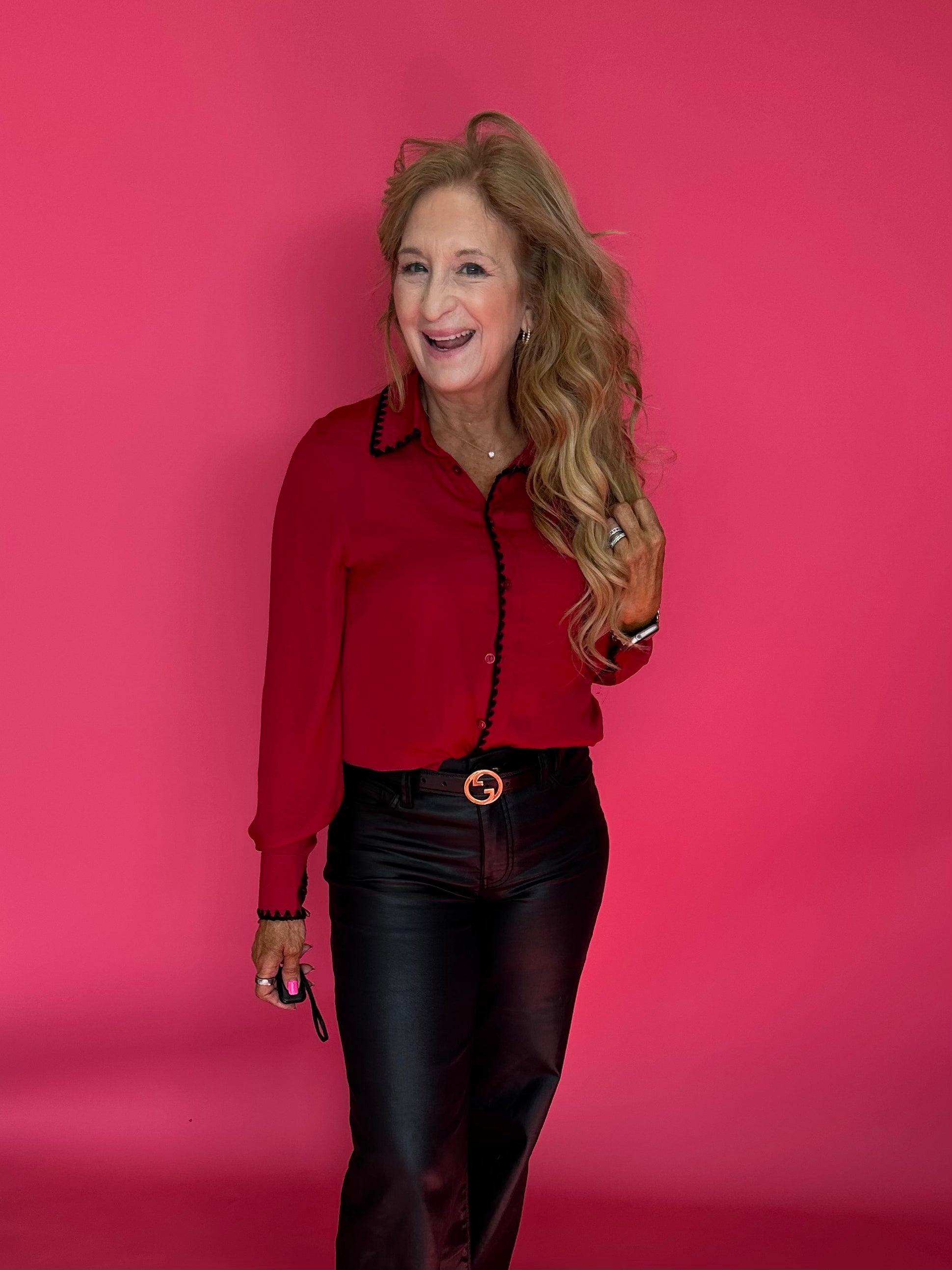 Dress to Impress Satin Button Down with a Blanket Stitch Detail in Red