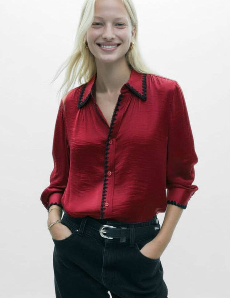 Dress to Impress Satin Button Down with a Blanket Stitch Detail in Red
