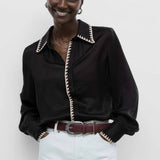 Dress to Impress Satin Button Down with a Blanket Stitch Detail in Red