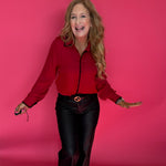 Dress to Impress Satin Button Down with a Blanket Stitch Detail in Red