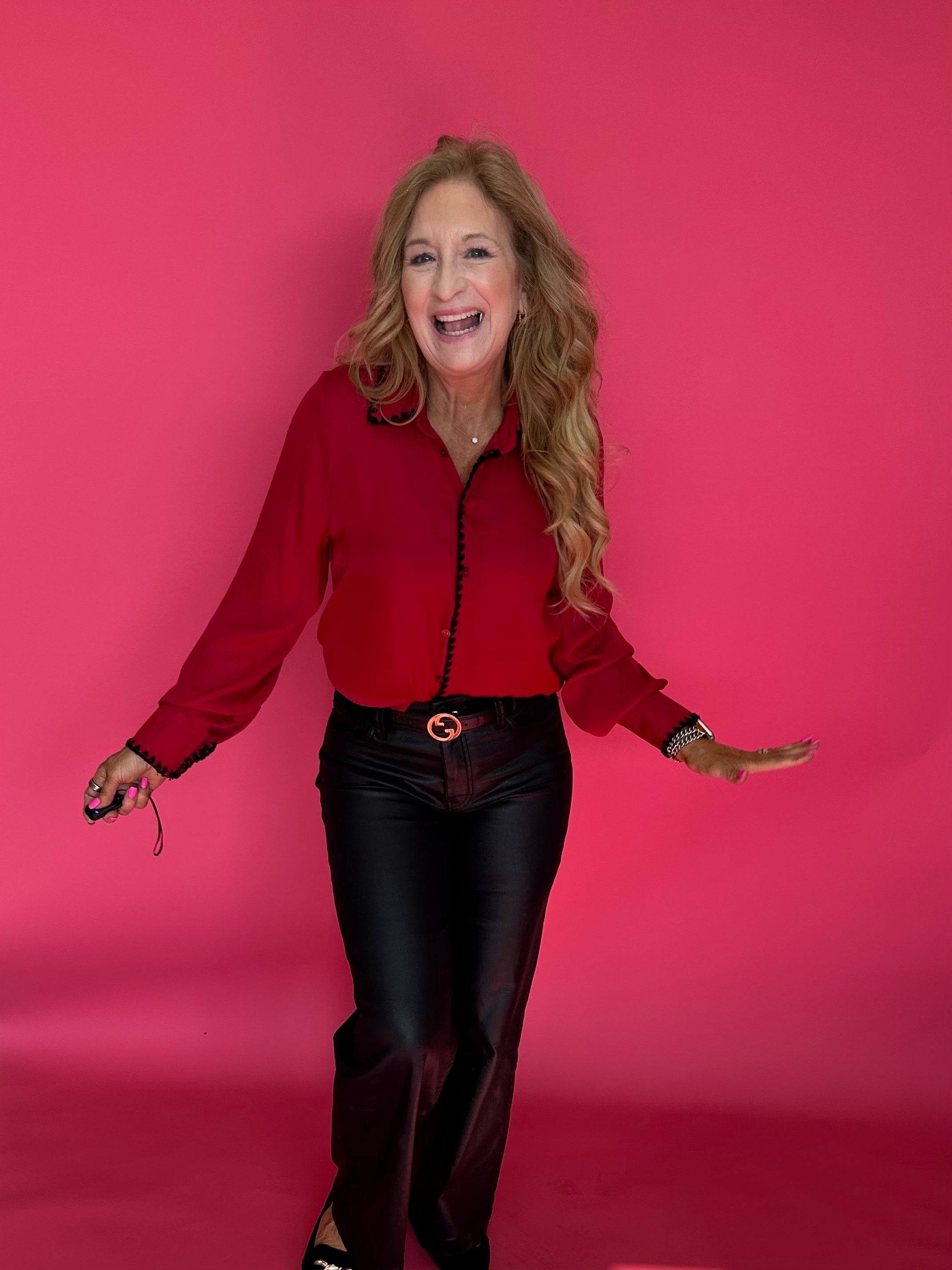 Dress to Impress Satin Button Down with a Blanket Stitch Detail in Red