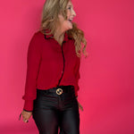 Dress to Impress Satin Button Down with a Blanket Stitch Detail in Red