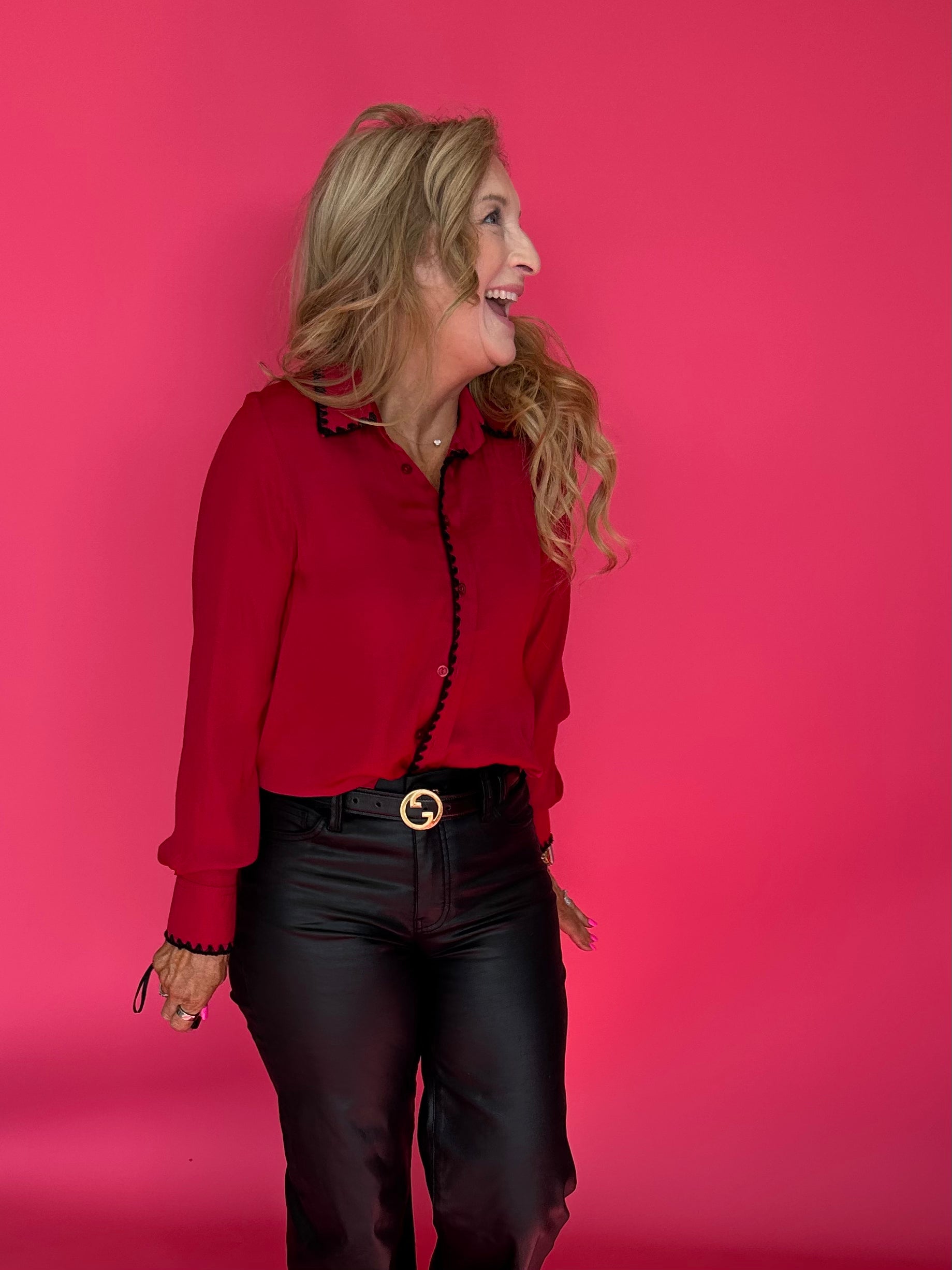 Dress to Impress Satin Button Down with a Blanket Stitch Detail in Red