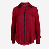 Dress to Impress Satin Button Down with a Blanket Stitch Detail in Red