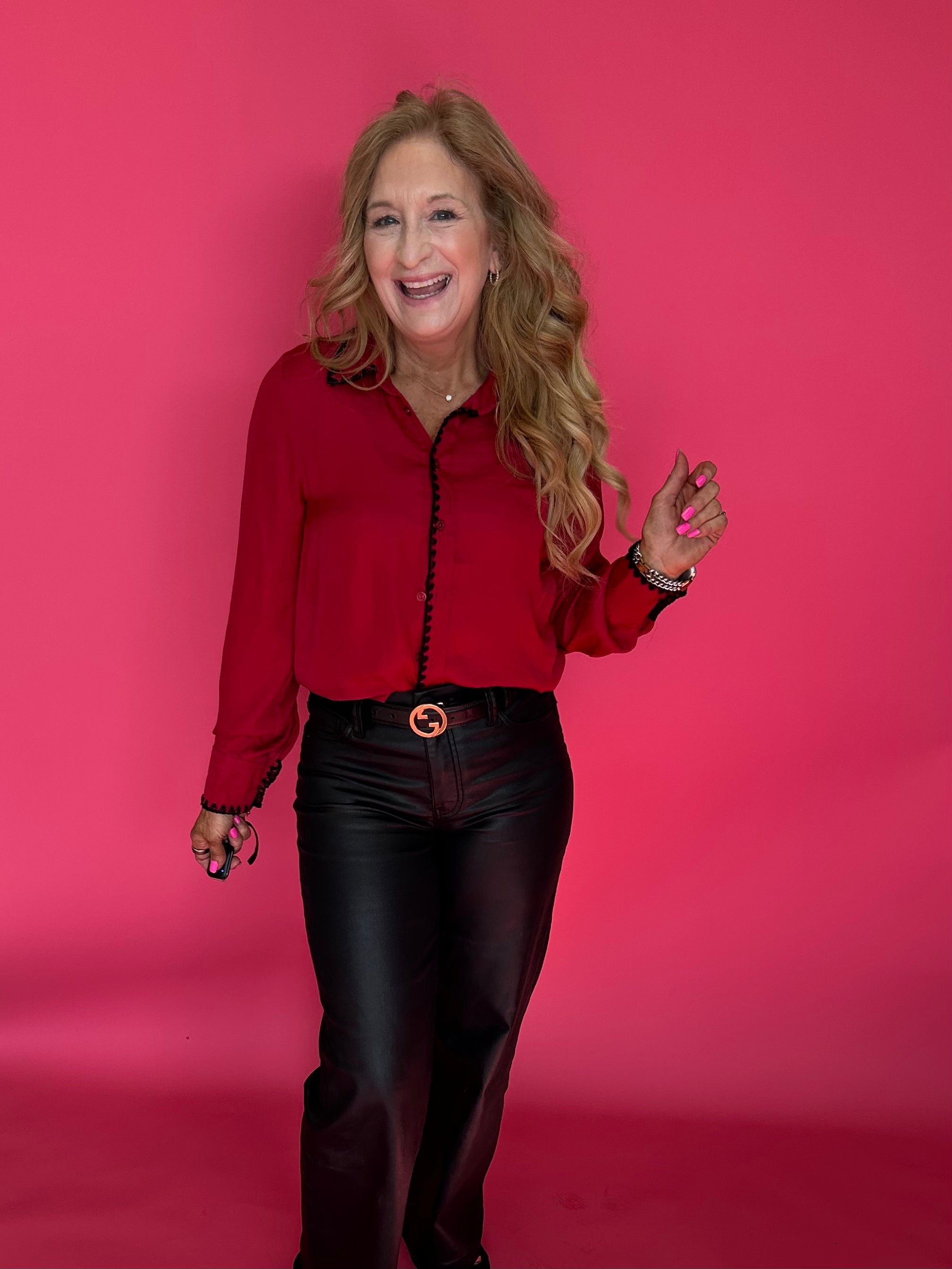 Dress to Impress Satin Button Down with a Blanket Stitch Detail in Red