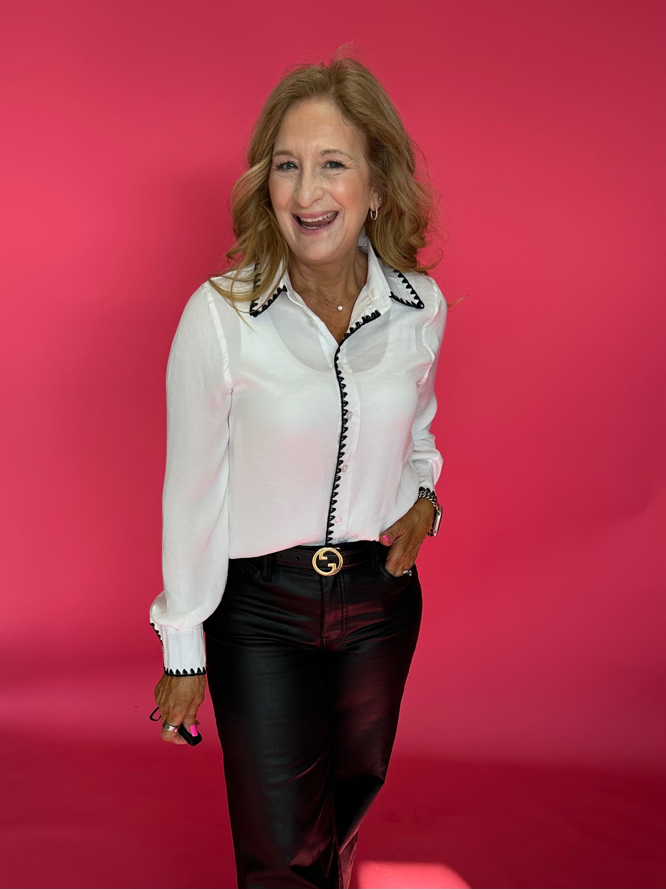 Dress to Impress Satin Button Down with a Blanket Stitch Detail in White