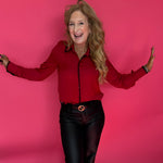 Dress to Impress Satin Button Down with a Blanket Stitch Detail in Red