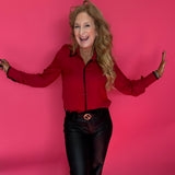 Dress to Impress Satin Button Down with a Blanket Stitch Detail in Red