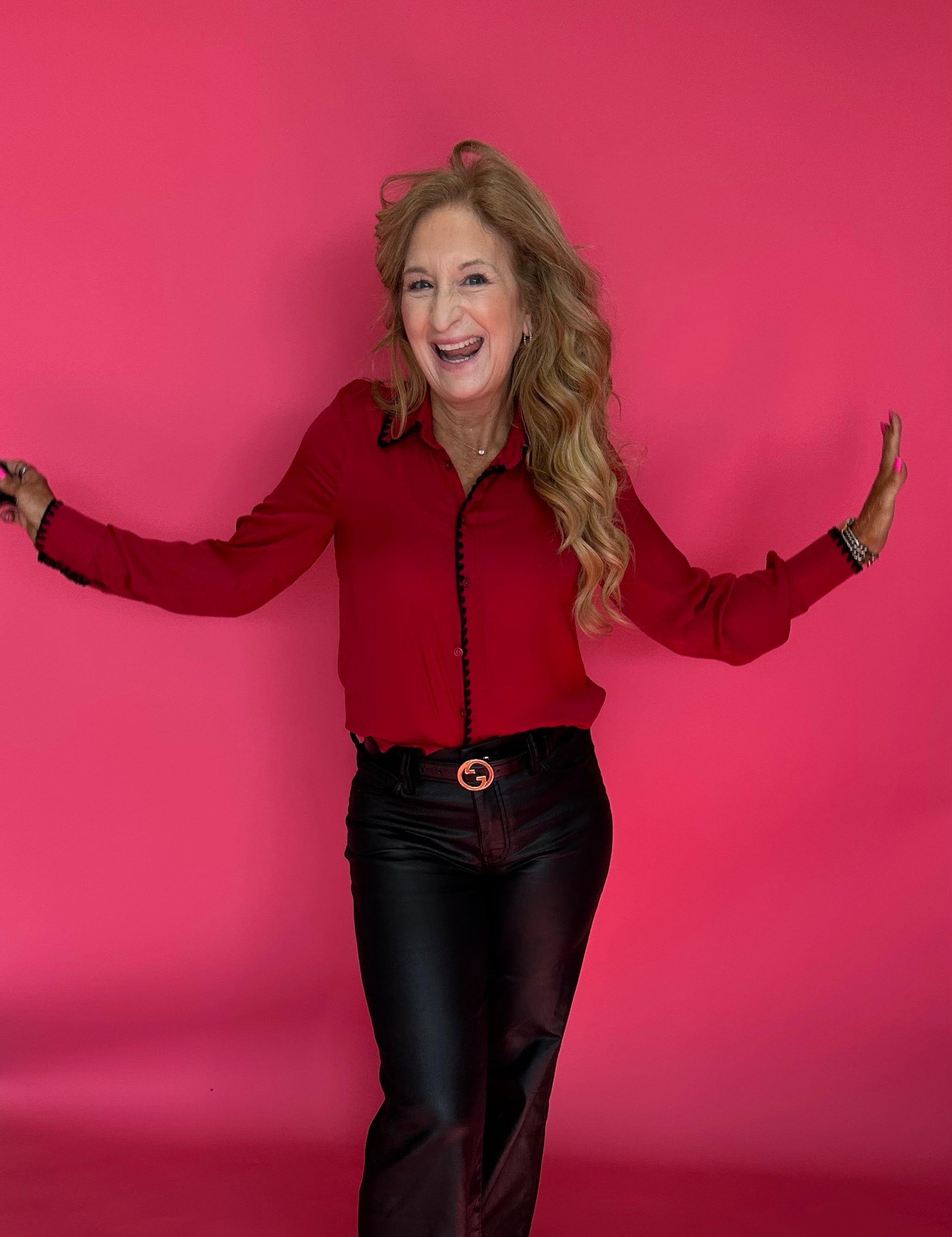 Dress to Impress Satin Button Down with a Blanket Stitch Detail in Red