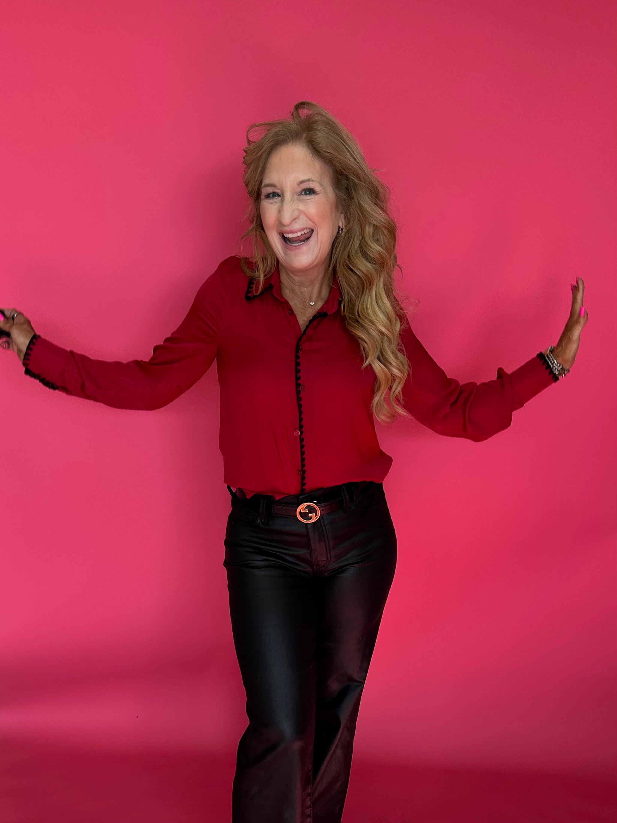 Dress to Impress Satin Button Down with a Blanket Stitch Detail in Red