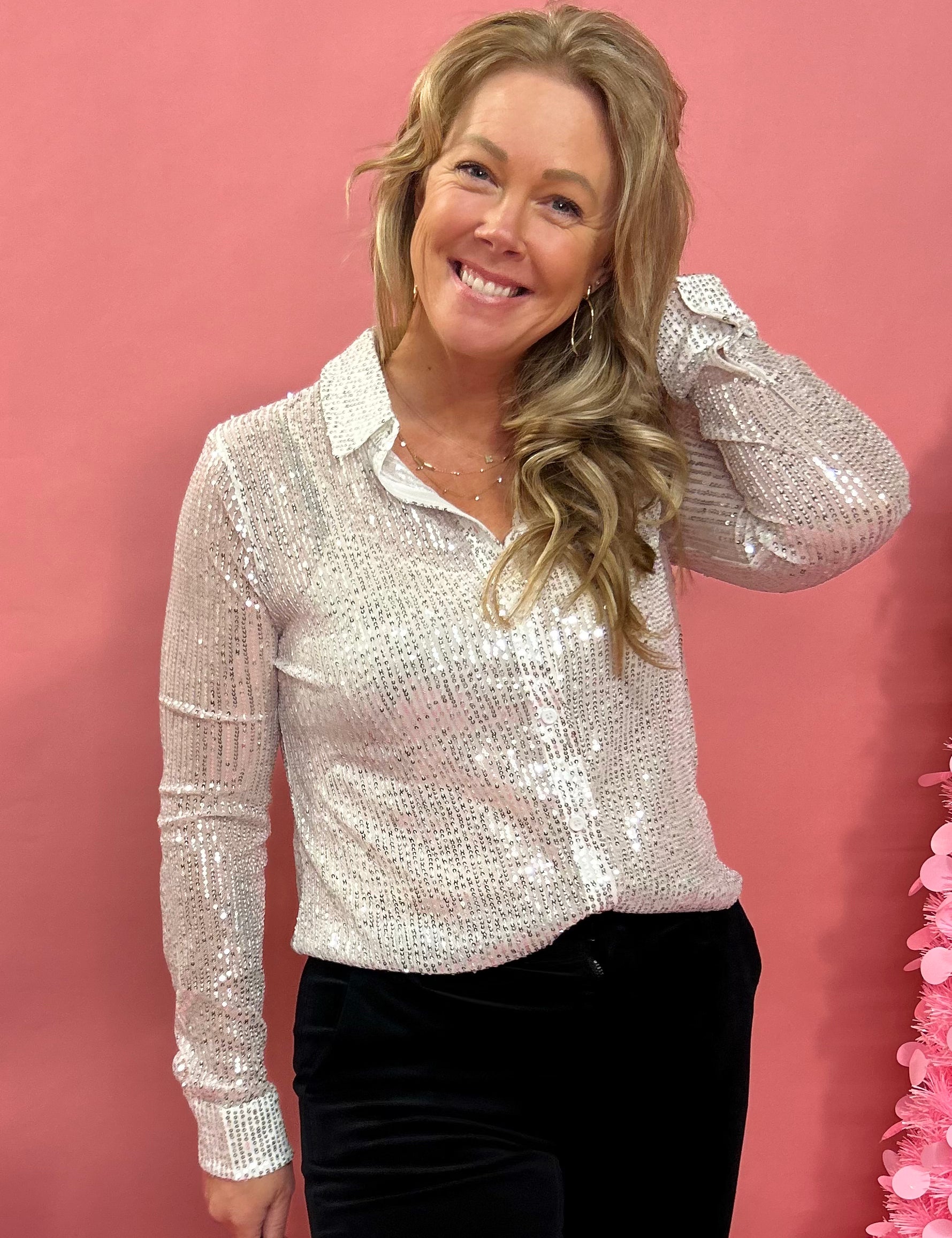 Dress to Impress Sequin Button Down Blouse in Silver