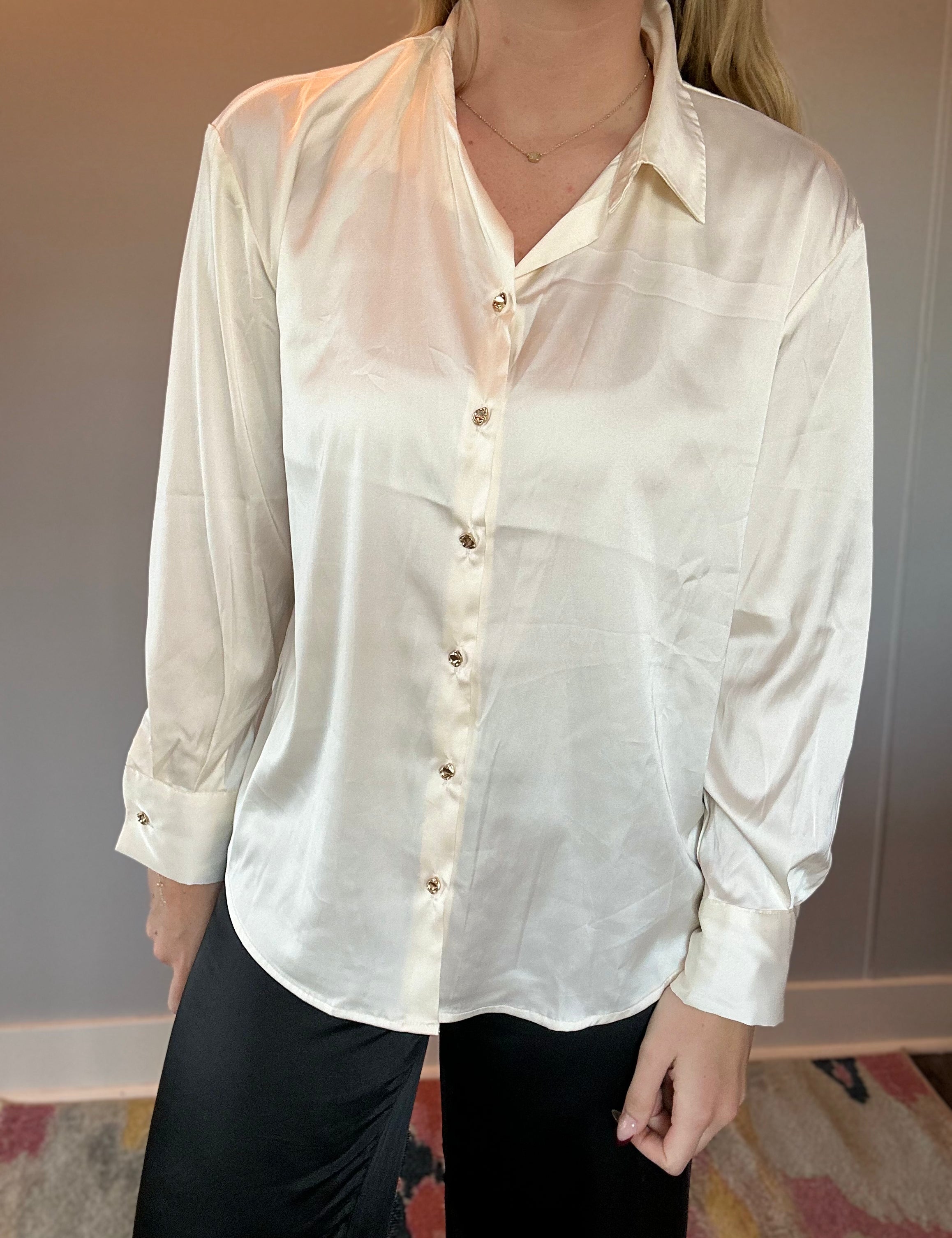 Dressed To Impress Satin Button Down Shirt in Ivory