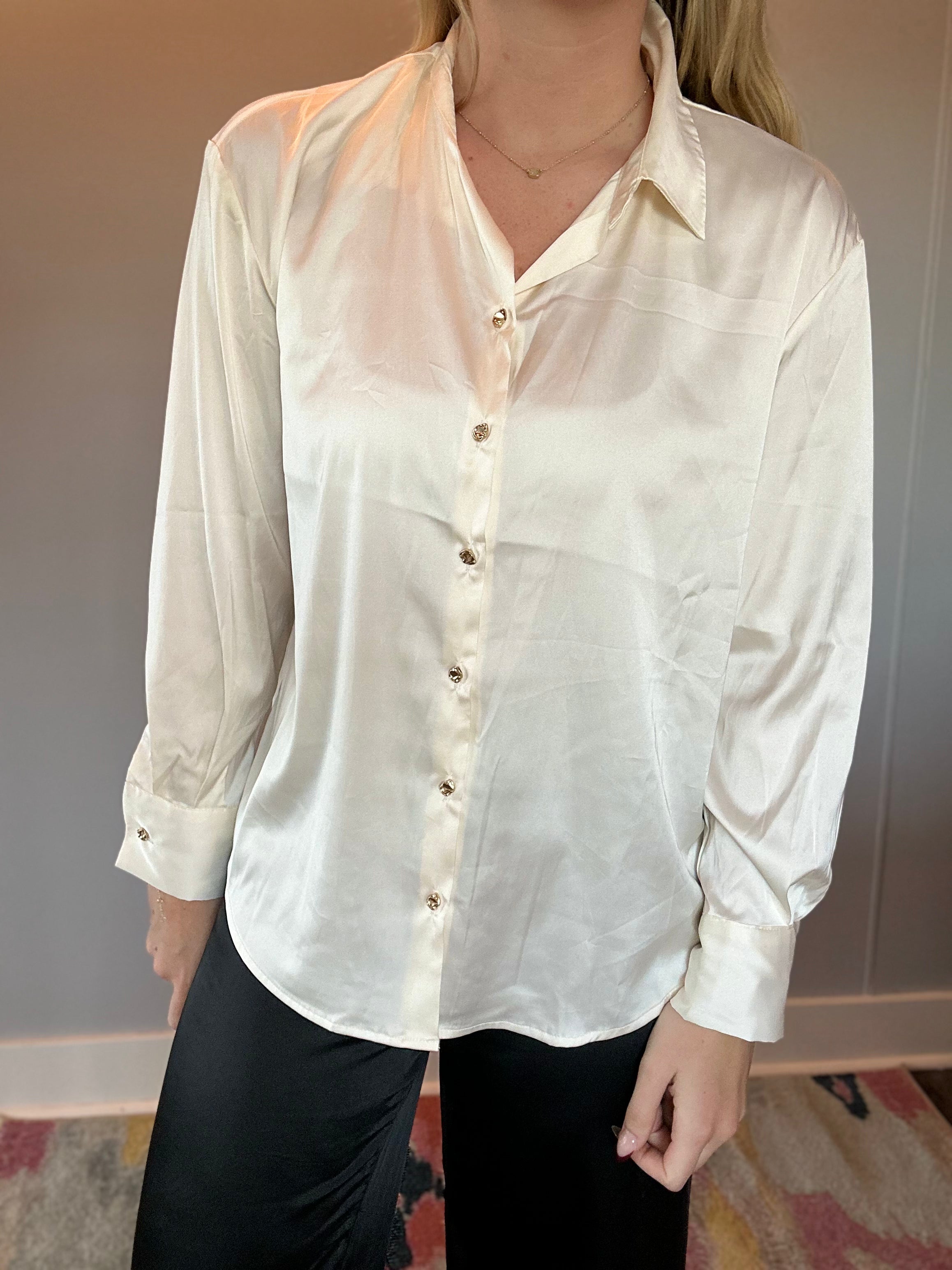 Dressed To Impress Satin Button Down Shirt in Ivory