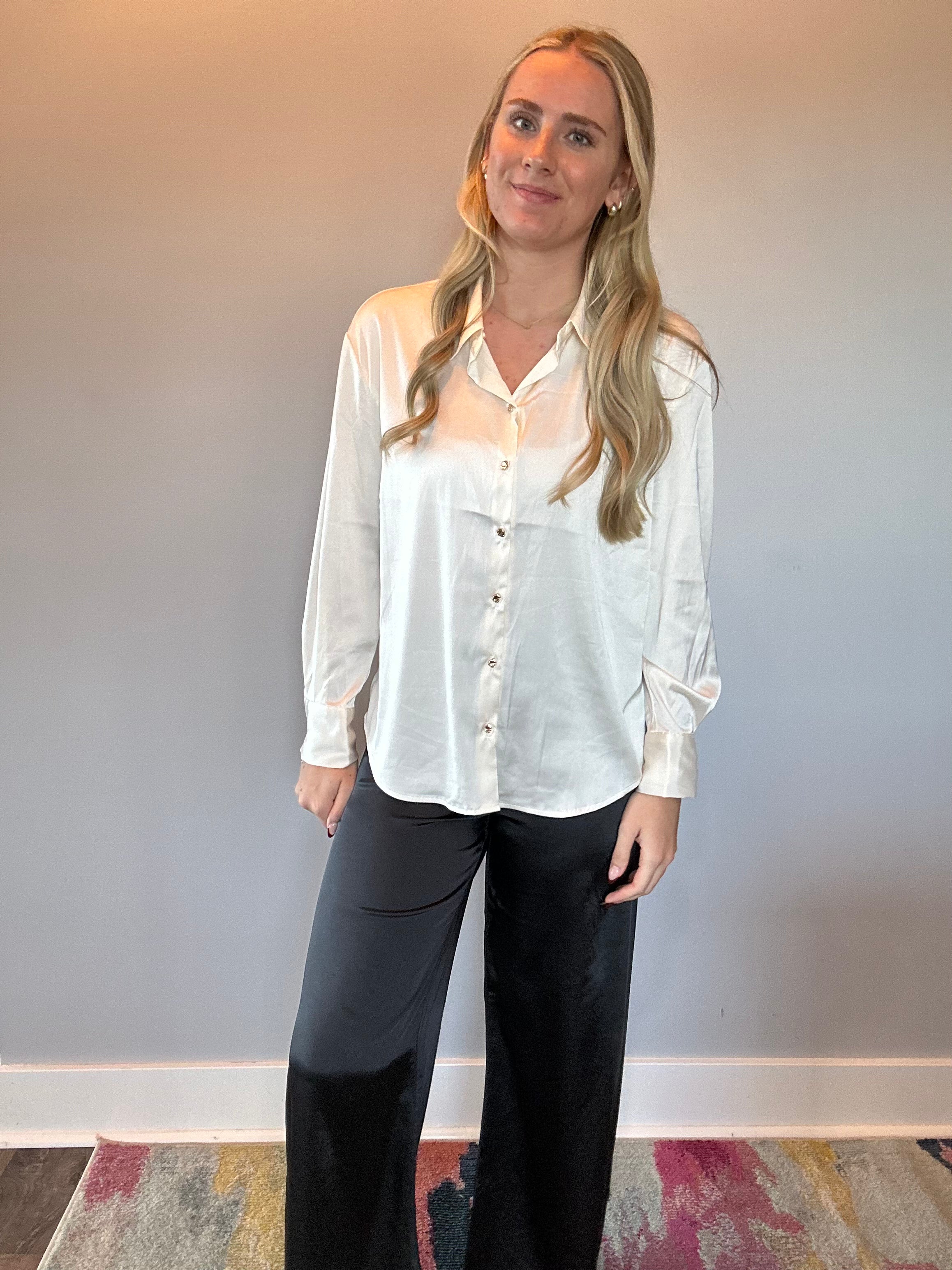 Dressed To Impress Satin Button Down Shirt in Ivory