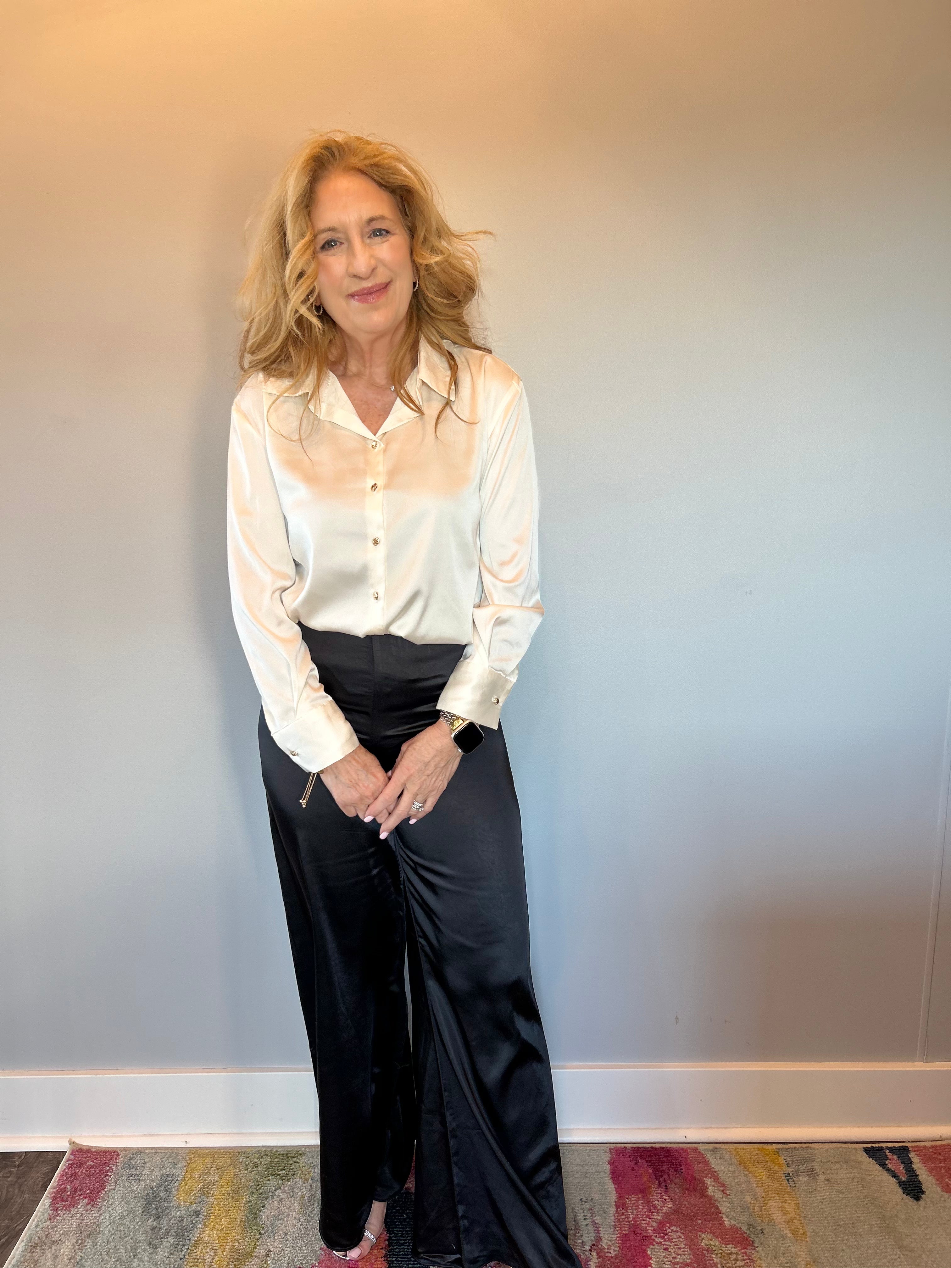 Dressed To Impress Satin Button Down Shirt in Ivory