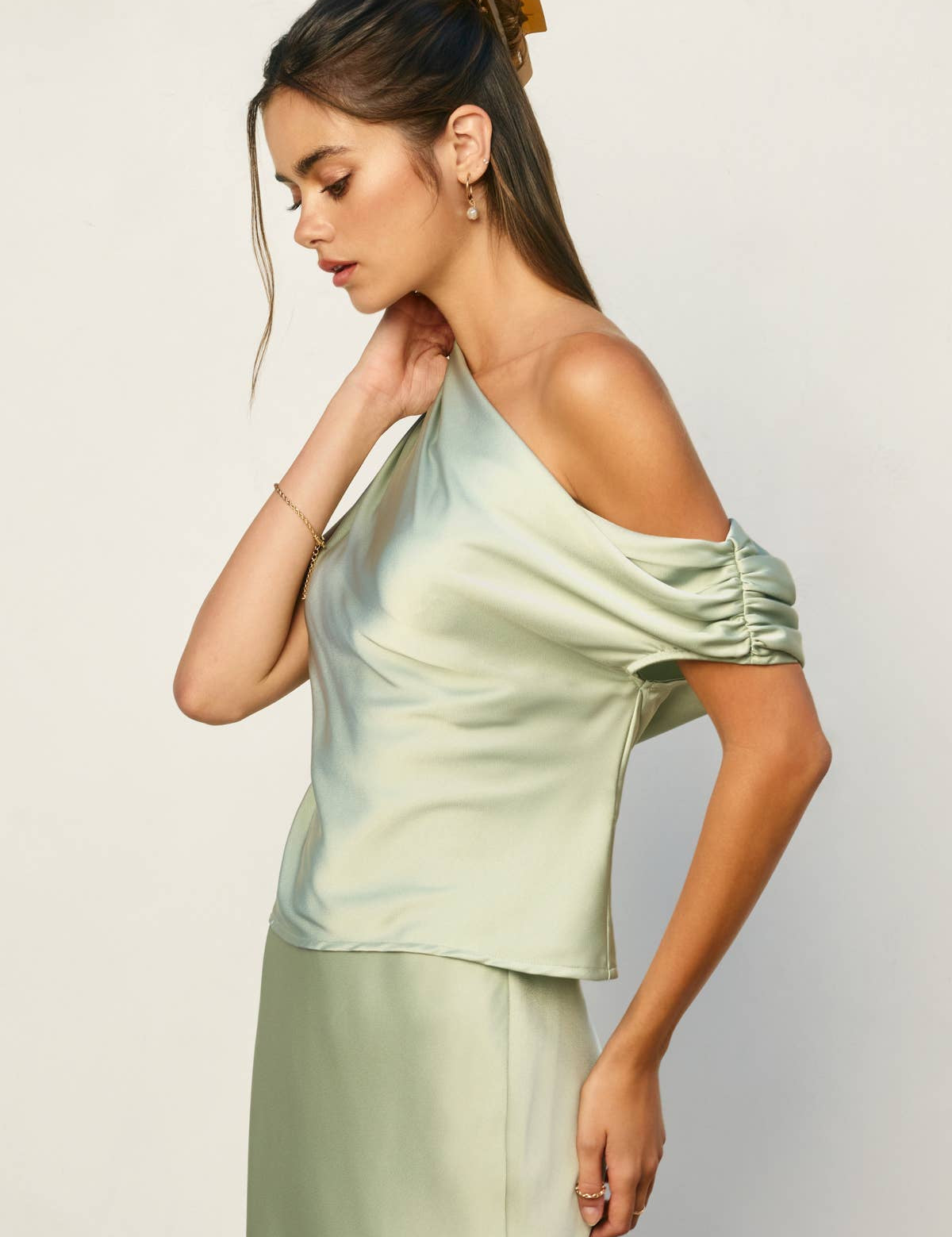 Sage Satin Asymmetrical One-Shoulder Top