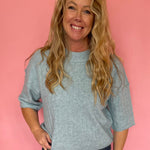Dusty Blue Sweater with Ribbed Trim